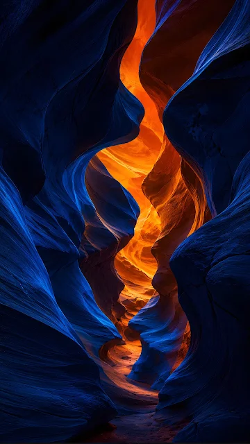 Deep blue sculpted forms surround a glowing orange abstract canyon.