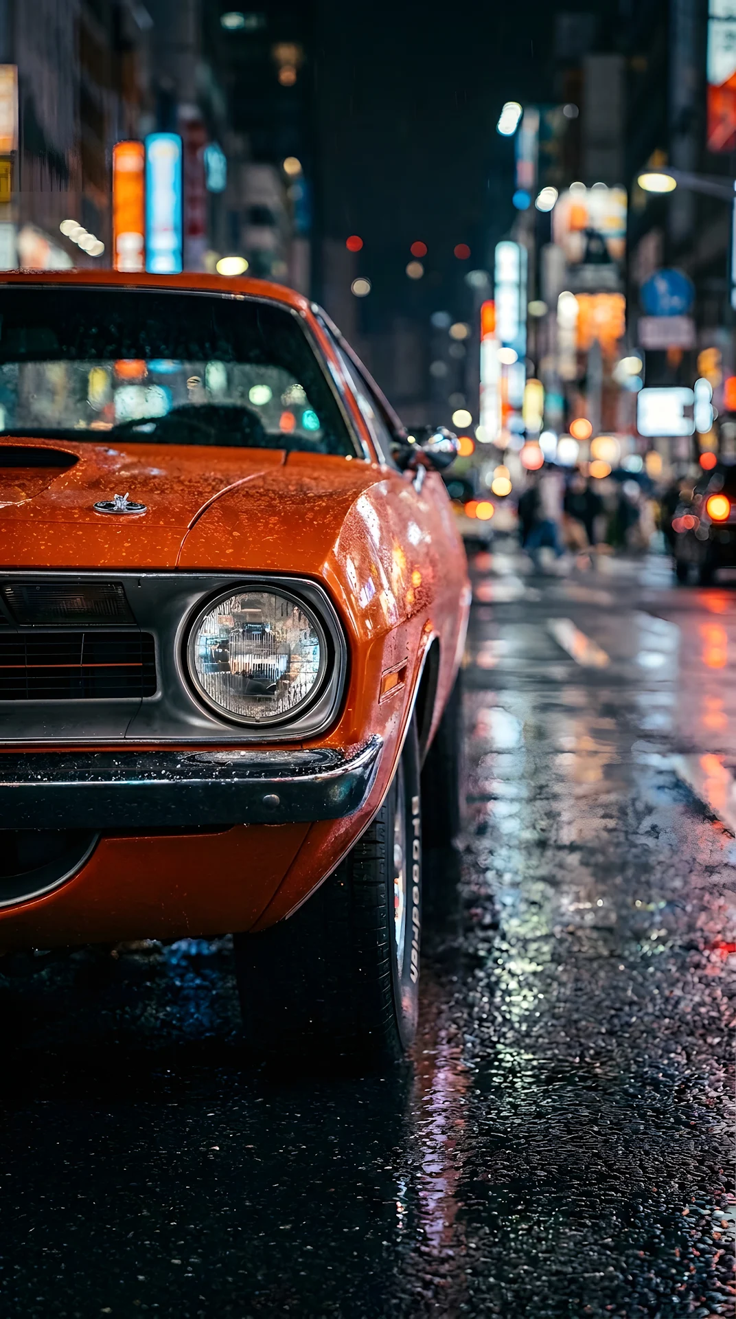 Orange Classic Muscle Car Detail on Wet City Street at Night - Free 4K mobile Wallpaper