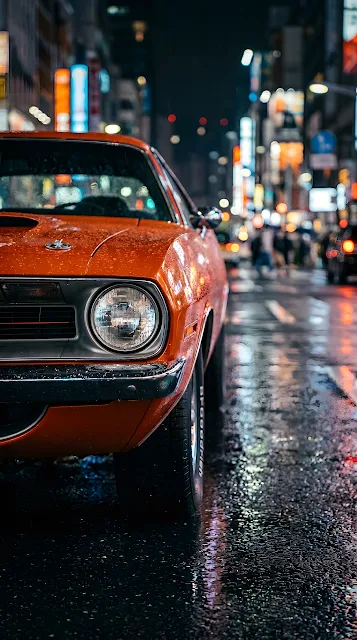 Orange Classic Muscle Car Detail on Wet City Street at Night - Free mobile Wallpaper