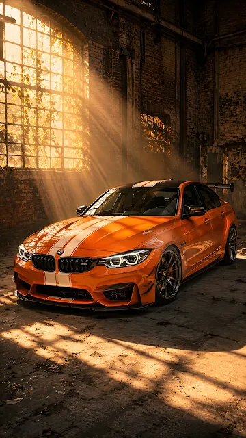 A sleek modern orange sports car with white racing stripes parked inside an old brick warehouse with dramatic light rays.
