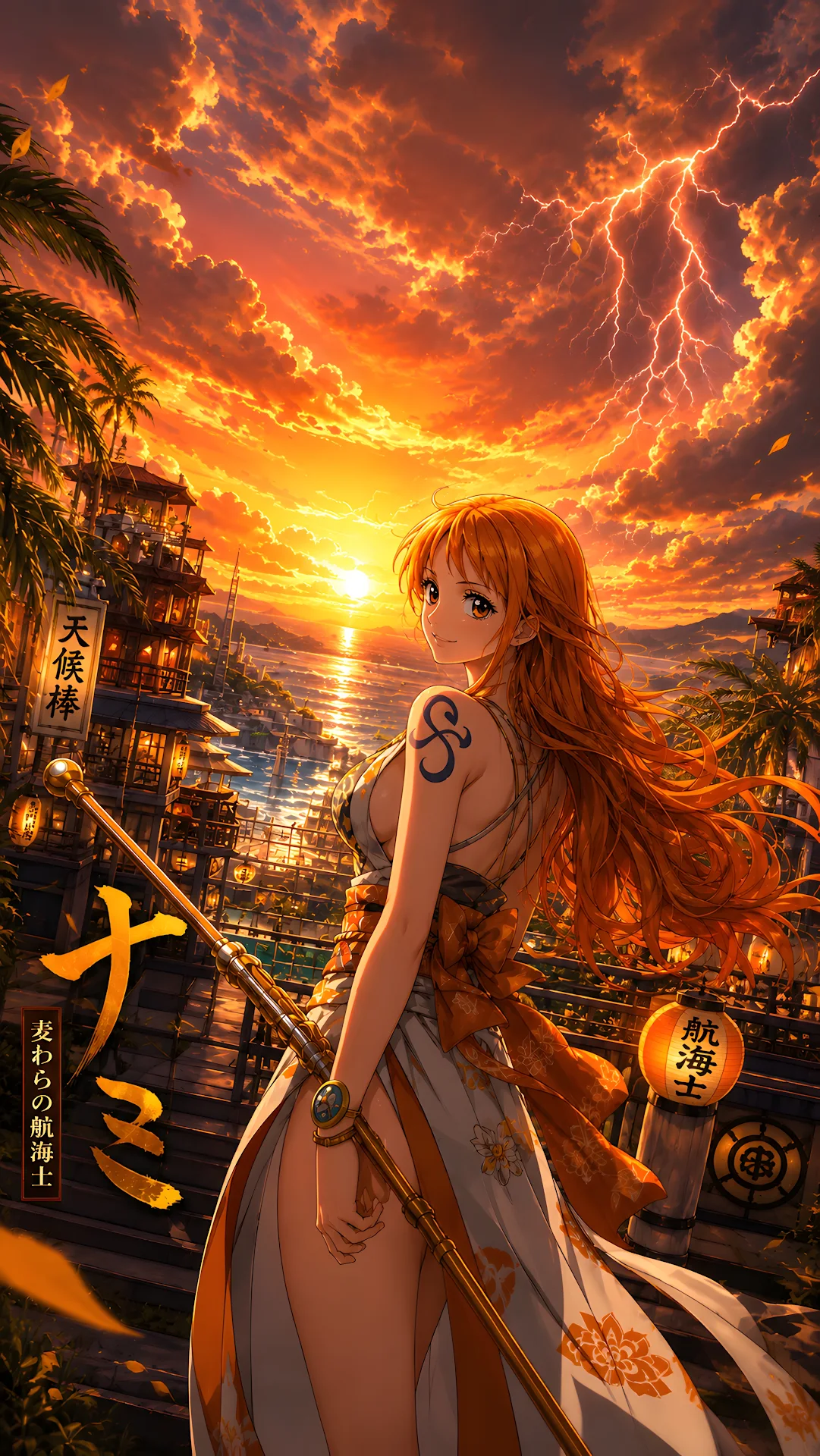 Orange Haired Warrior Above Sunset Harbour - Free 4K mobile Wallpaper