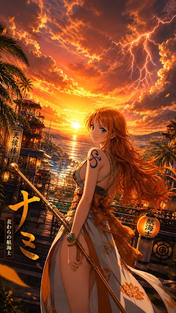 Orange-haired fantasy warrior overlooks a lantern-lit coastal town beneath a lightning-filled sunset.