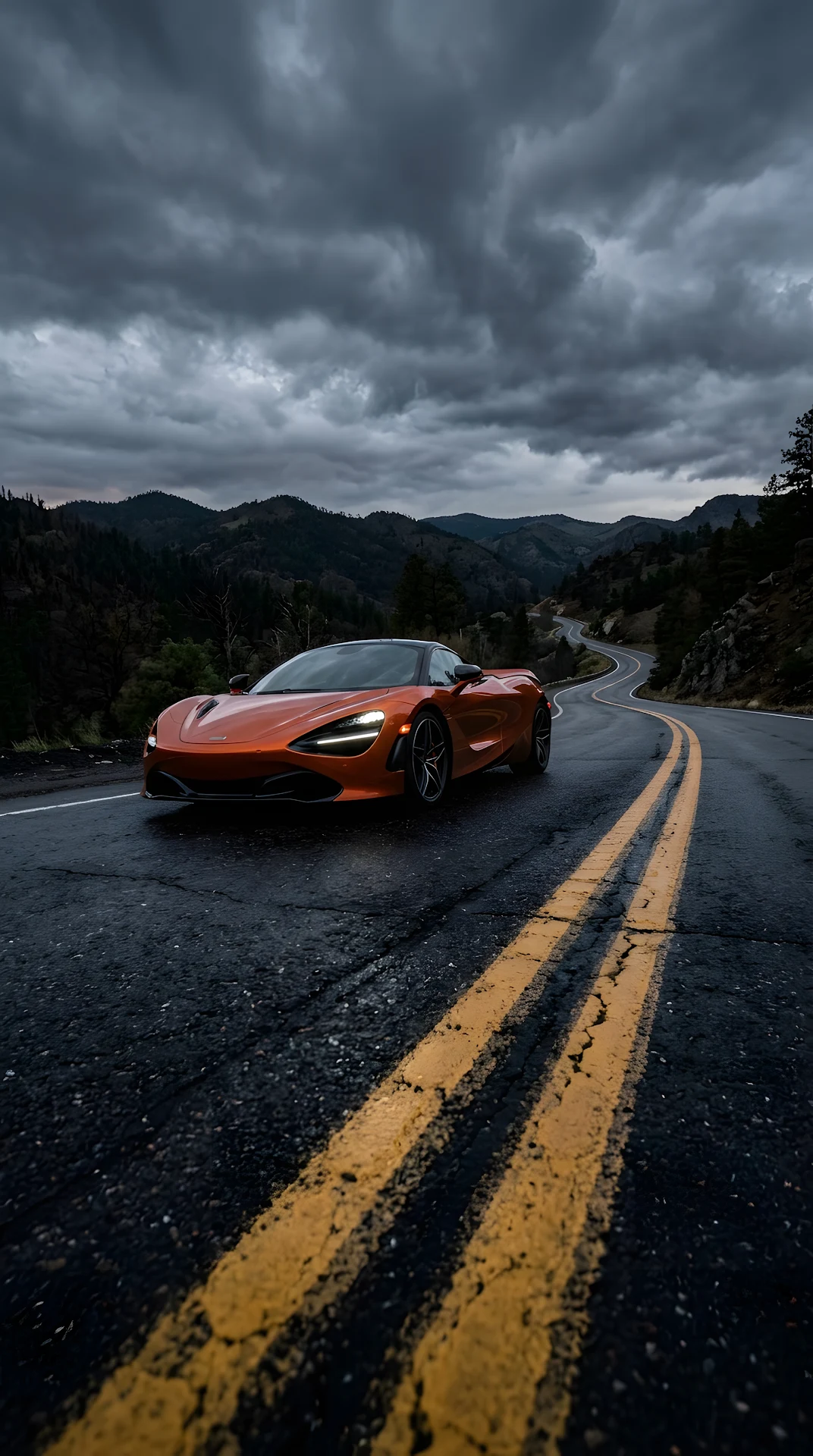 Orange High-Performance Sports Car on Dark Asphalt Road Under Stormy Clouds - Free 4K mobile Wallpaper