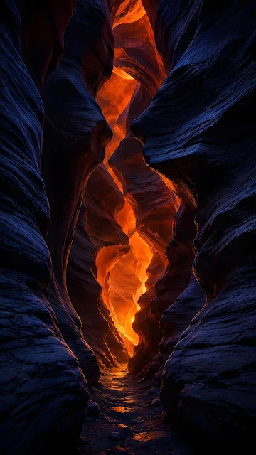 Warm orange light glows between dark indigo layered canyon forms.