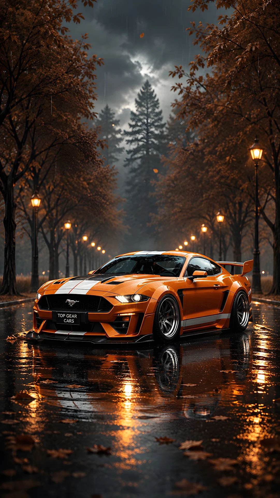 Orange Muscle Car Parked on Rainy Wet Forest Street at Dusk - Free 4K mobile Wallpaper