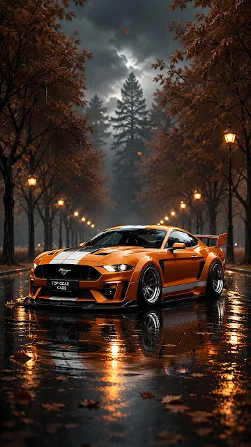 Vibrant orange sports car with white racing stripes parked on a wet asphalt street with trees and street lamps.