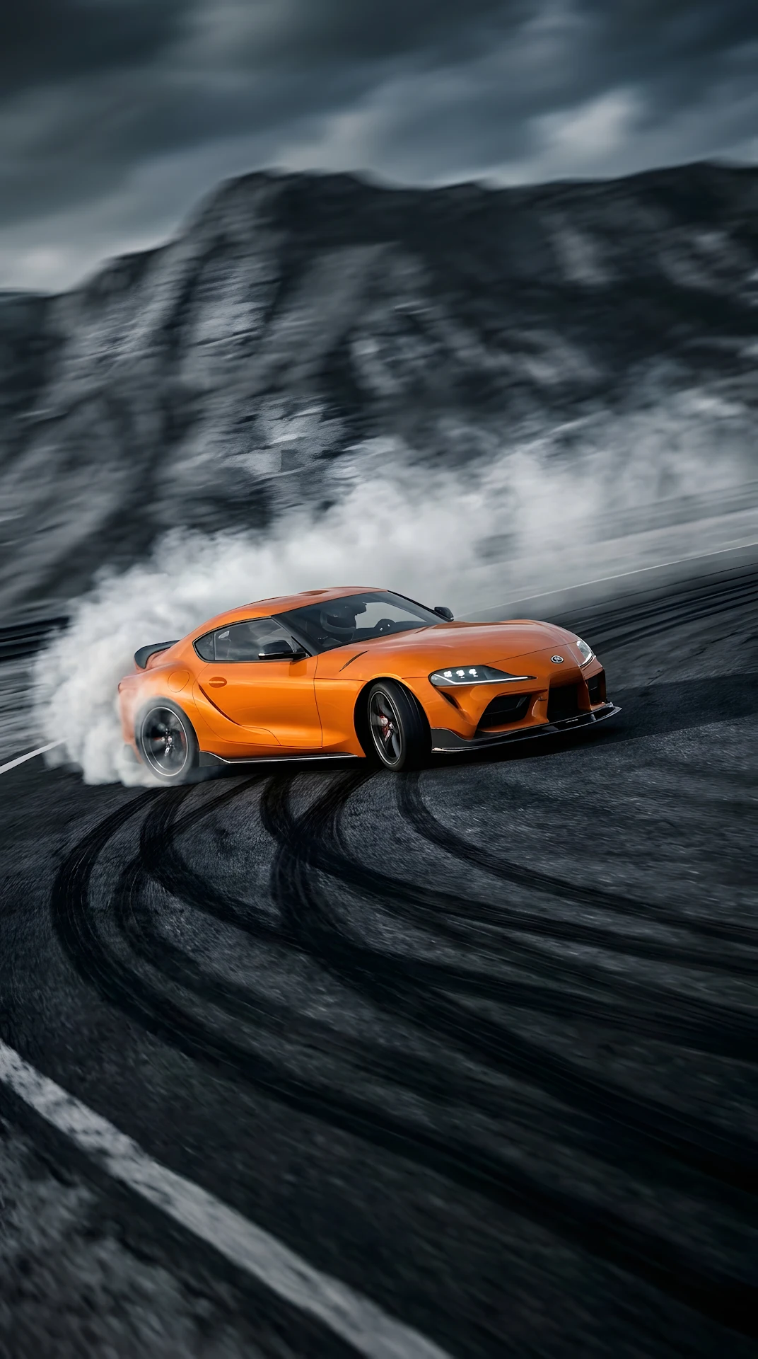 Orange Sports Car Drifting on Asphalt 3D Render - Free 4K mobile Wallpaper