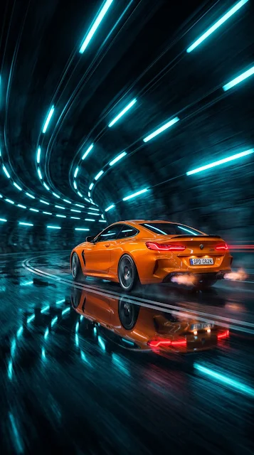 Orange Sports Car Speeding in Blue Cyber Tunnel - Free 4K & 8K mobile Wallpaper