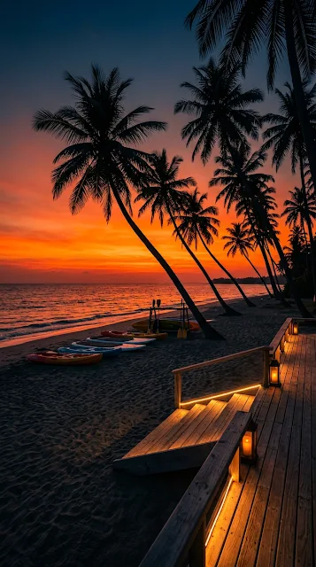 Orange Sunset Over Tropical Beach Resort with Palm Tree Silhouettes - Free 4K & 8K mobile Wallpaper