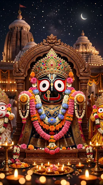 Ornate Digital Render of Lord Jagannath Deity with Floral Decorations - Free mobile Wallpaper