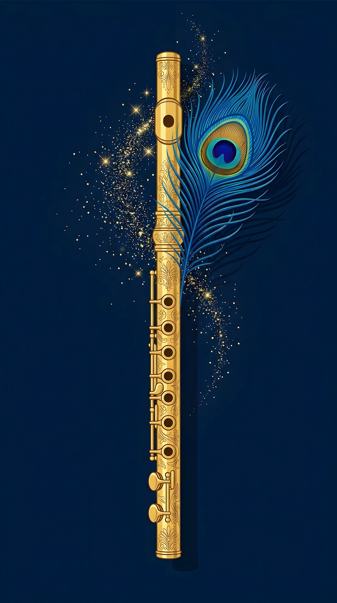 Ornate Golden Flute with Vibrant Blue Peacock Feather - Free 4K mobile Wallpaper