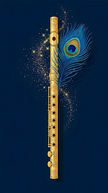 Ornate Golden Flute with Vibrant Blue Peacock Feather - Free mobile Wallpaper