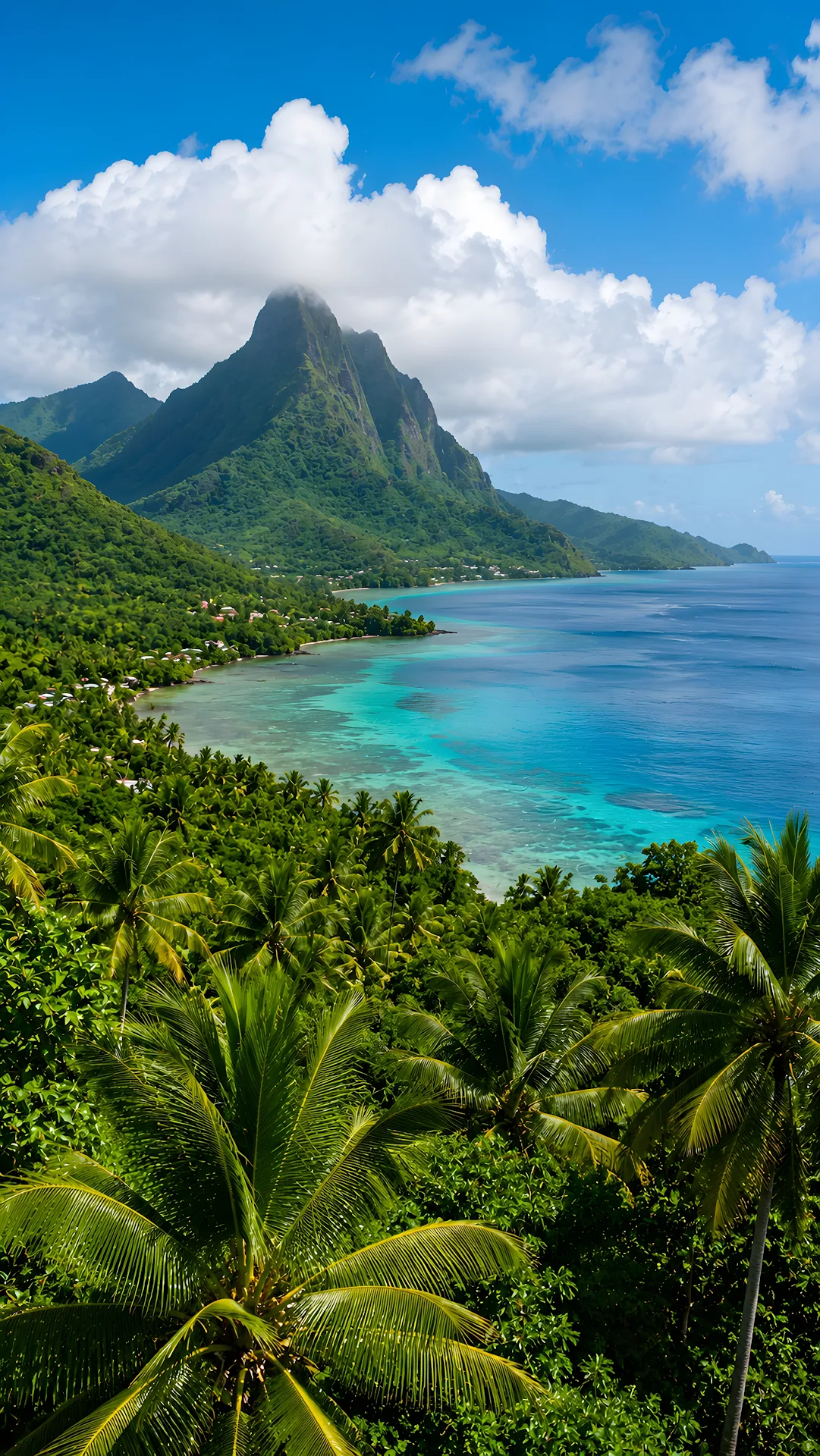 Overlook view of turquoise tropical bay and cloud-shrouded mountain peak - Free 4K mobile Wallpaper