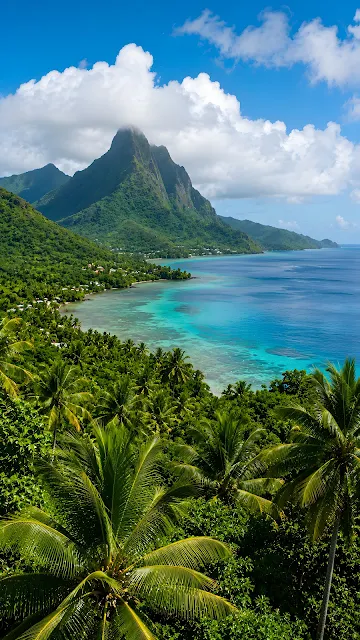 High-angle landscape photograph of a turquoise tropical ocean bay surrounded by lush green palm trees and a cloud-shrouded mountain peak.