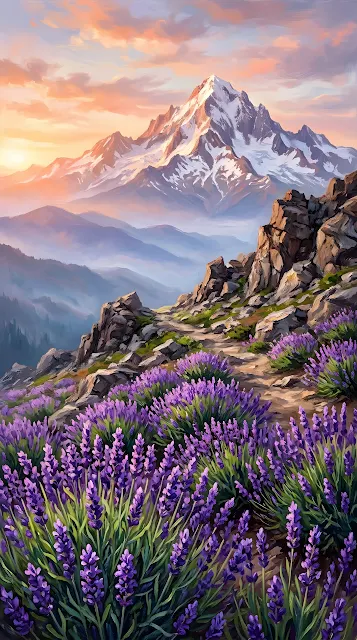 Painterly Illustration of a Snow-Capped Mountain Behind a Lavender Field - Free mobile Wallpaper