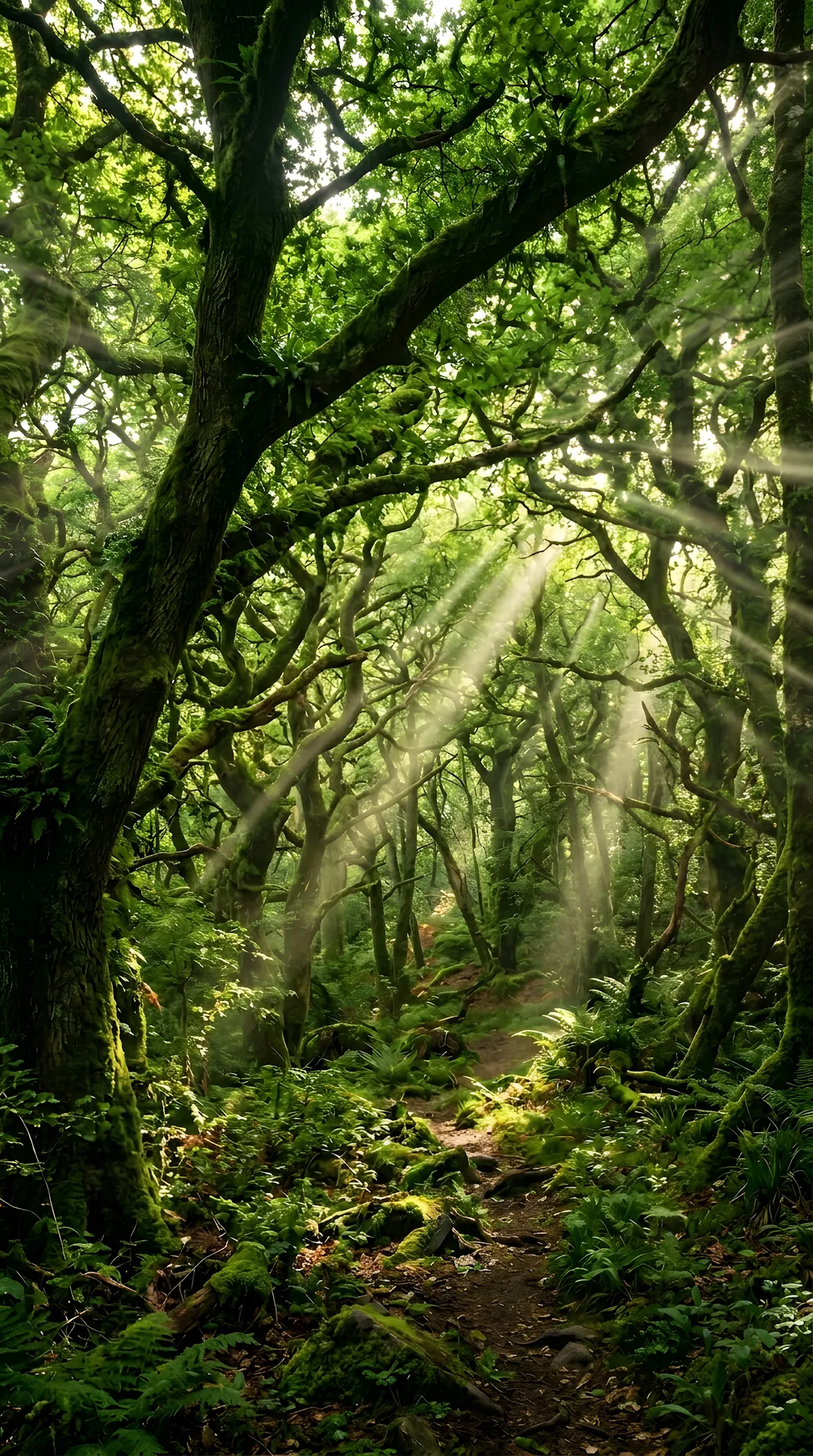 Panoramic Ancient Woodland Canopy Sunbeams - Free 4K mobile Wallpaper