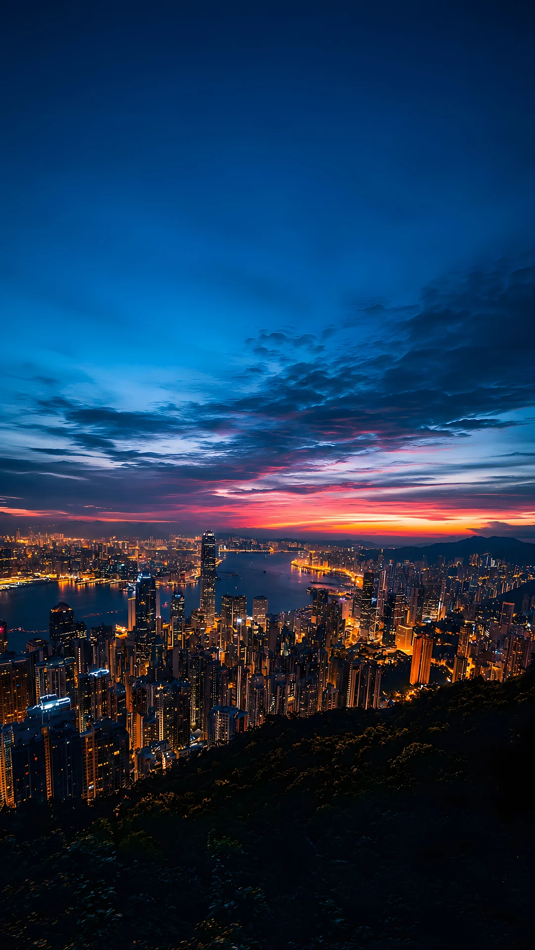 Panoramic City Harbor Skyline View from High Mountain Peak at Sunset - Free 4K mobile Wallpaper