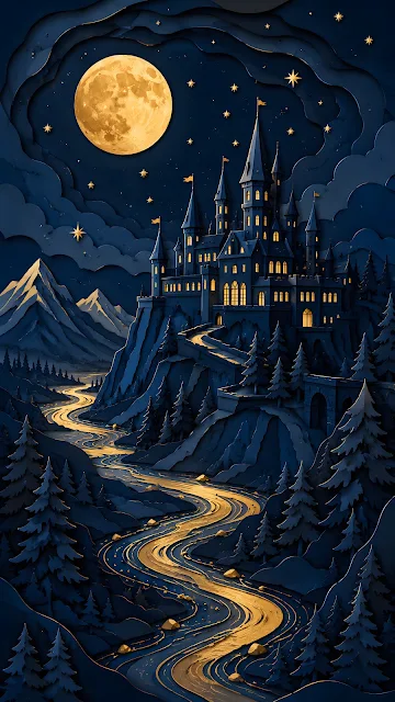 3D papercut art illustration of a dark castle on a mountain overlooking a winding glowing stream under a full moon.