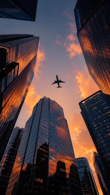 Worm's eye view of glass city skyscrapers looking up at a silhouette airplane flying through golden clouds.