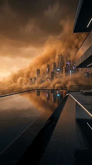 Penthouse Infinity Pool Overlooking Cyberpunk Sandstorm Wallpaper - Free 4K & 8K mobile Wallpaper