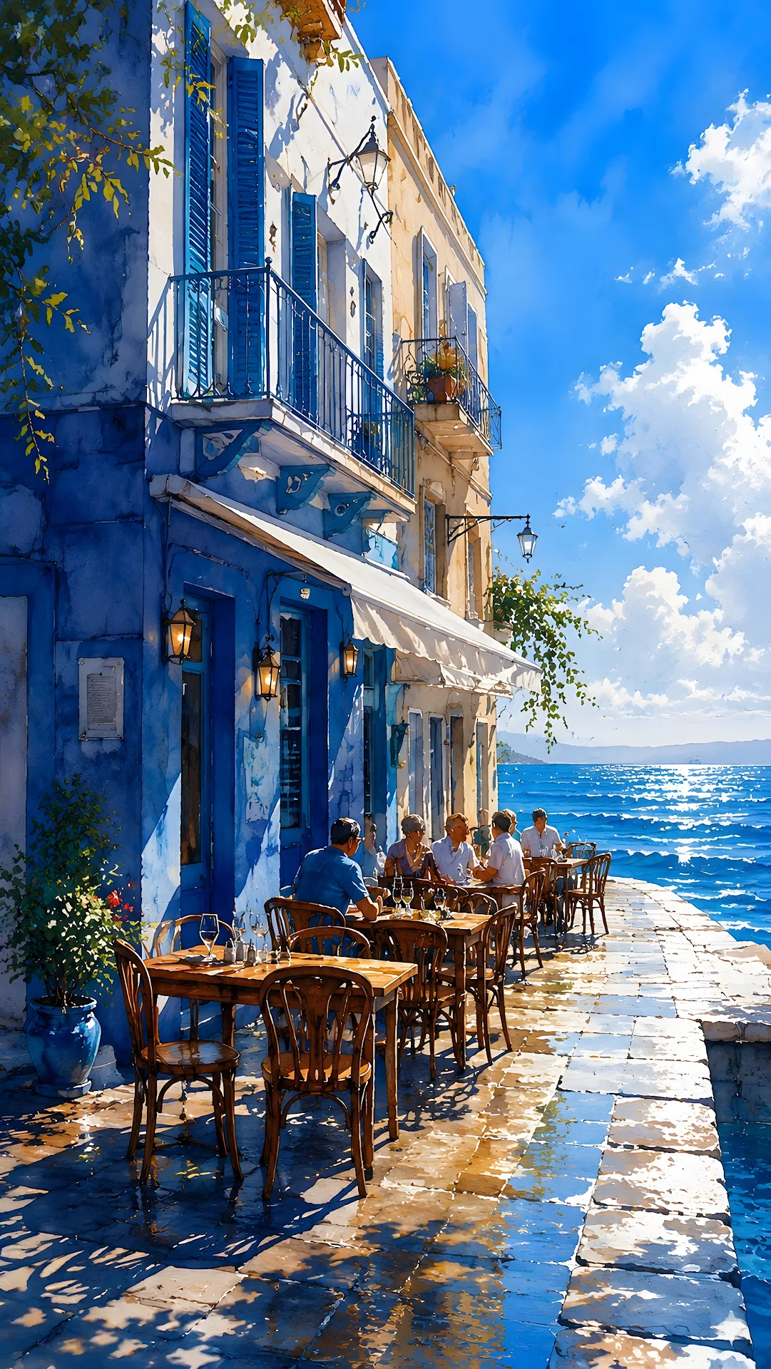 People Dining at Coastal Mediterranean Cafe Next to Blue Ocean - Free 4K mobile Wallpaper
