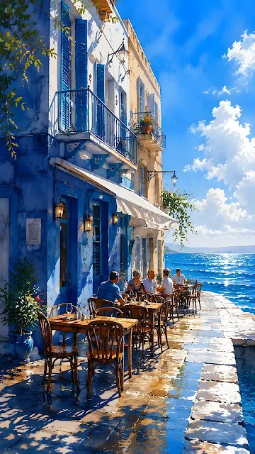 Painterly illustration of diners at wooden tables on a sunlit stone terrace next to vibrant blue ocean water.