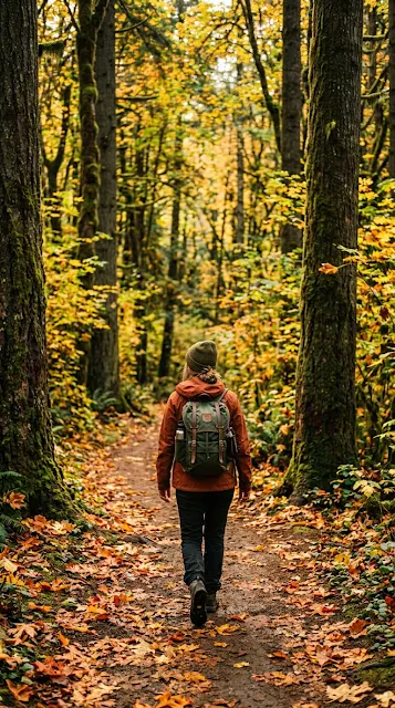 Person with Backpack Walking Down a Golden Autumn Forest Path - Free 4K & 8K mobile Wallpaper