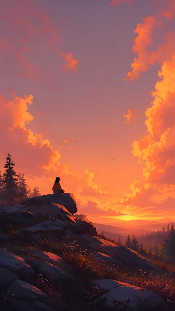 A silhouette of a person meditating on a rocky cliff top facing a glowing orange sunset over distant mountains.