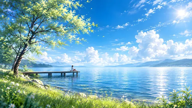 Sun-drenched anime scene of a person sitting at the end of a pier beside a shining blue lake.