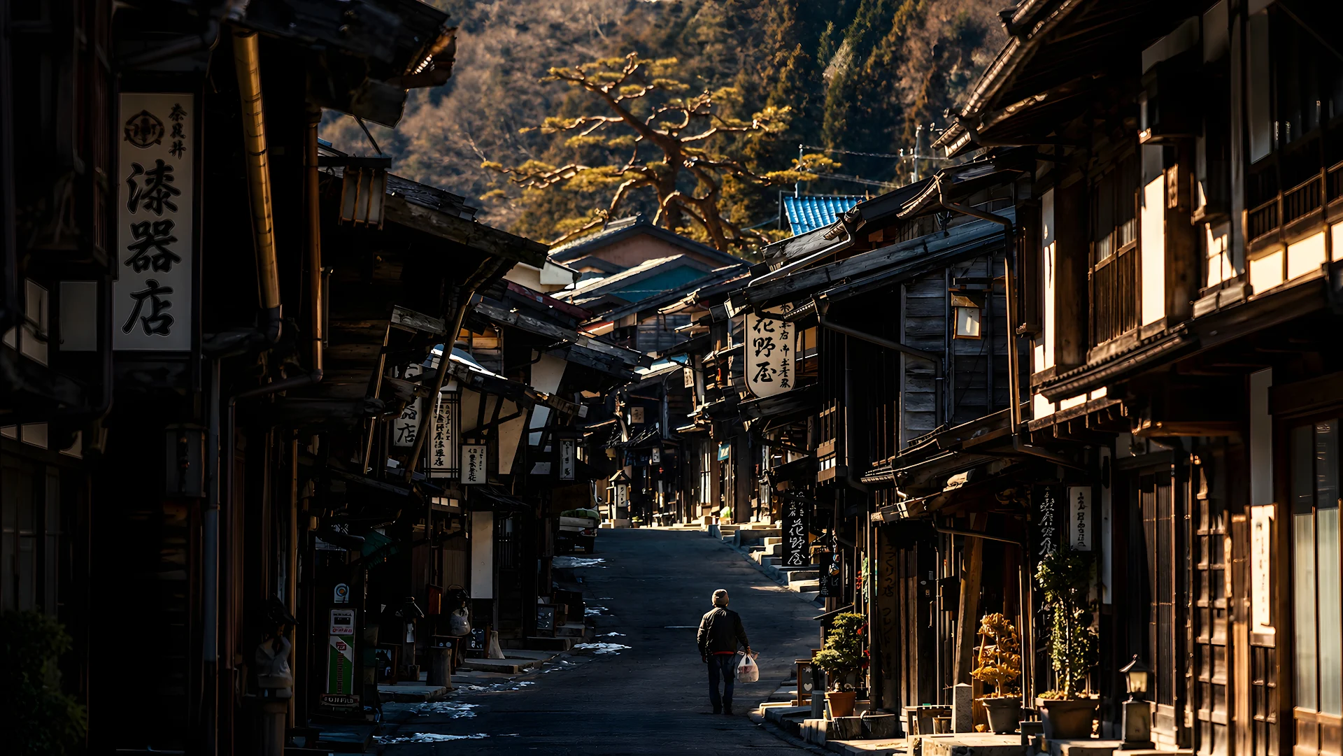 Person walking down a historic traditional street with wooden storefronts - Free 4K desktop Wallpaper