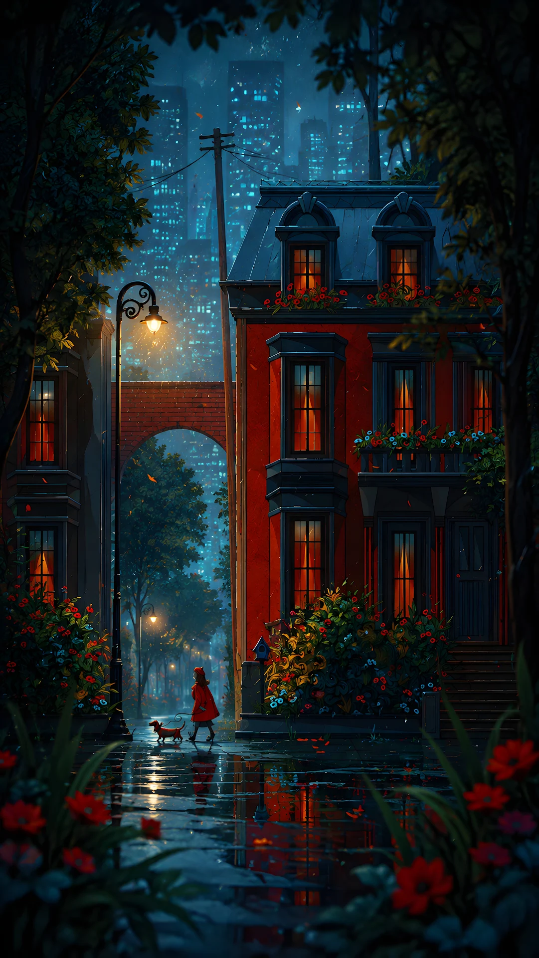 Person walking small dog past red city townhouse on rainy night - Free 4K mobile Wallpaper