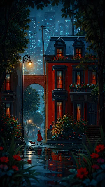 Figure in red coat walking a dog on wet sidewalk next to a glowing red brick townhouse at night.