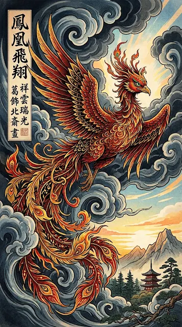 Phoenix in Traditional Japanese Ukiyo-e Style with Calligraphy - Free 4K & 8K mobile Wallpaper
