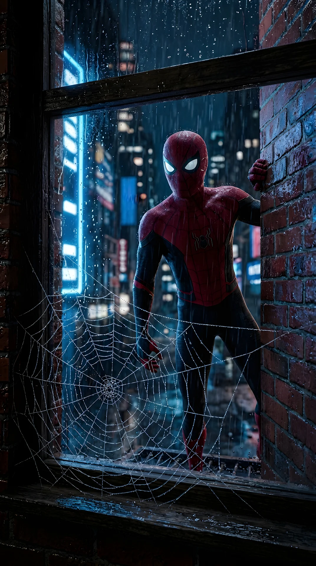 Photorealistic Spiderman Peeking Through a Rainy Window - Free 4K mobile Wallpaper