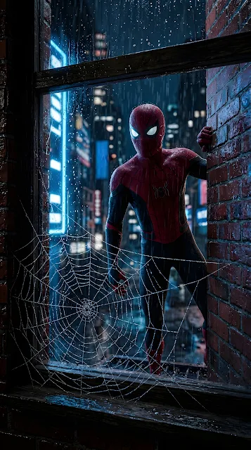 Photorealistic Spiderman Peeking Through a Rainy Window - Free mobile Wallpaper