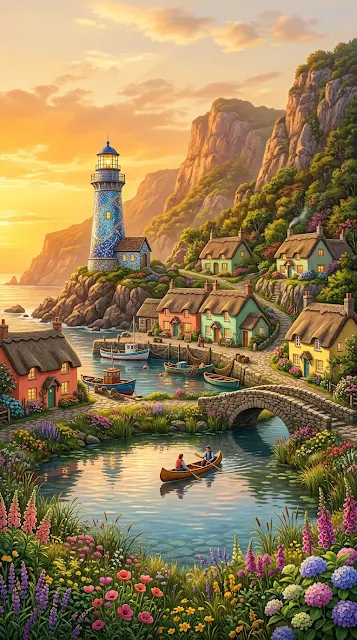 Picturesque Seaside Hamlet with Colorful Cottages and Lighthouse - Free 4K & 8K mobile Wallpaper