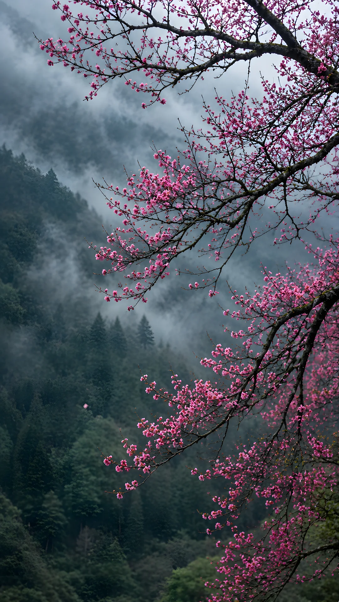 Pink cherry blossom tree branches framing misty green mountain forest - Free 4K mobile Wallpaper