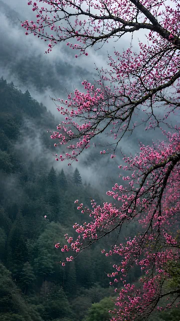 Macro view of bright pink flowering cherry blossom branches in the foreground with a misty green mountain forest blurred in the background.