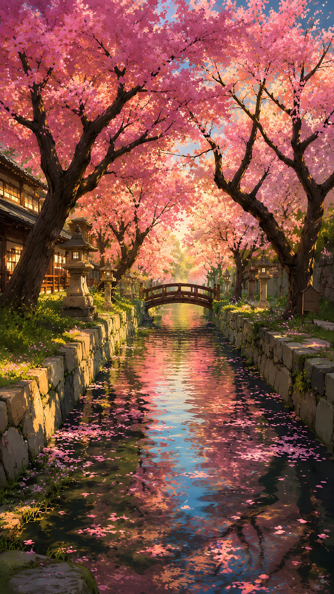 Pink cherry blossom trees lining a peaceful Japanese canal in spring - Free 4K mobile Wallpaper
