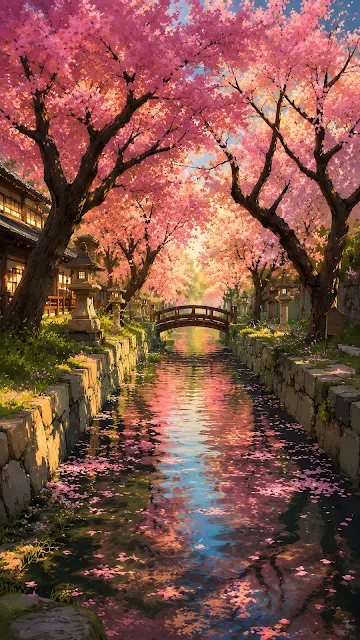 A stone canal filled with floating pink cherry blossom petals framed by blooming trees and a small wooden bridge.