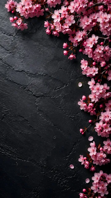 Overhead studio photography of pink cherry blossom branches framing the right and top edges of a dark textured slate background.