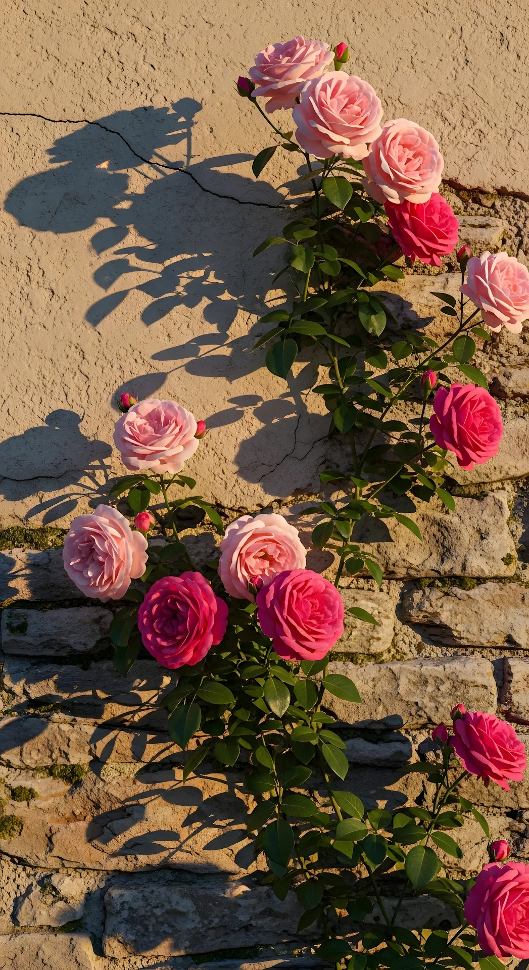Pink Climbing Roses on a Weathered Wall with Warm Sunset Light - Free 4K mobile Wallpaper