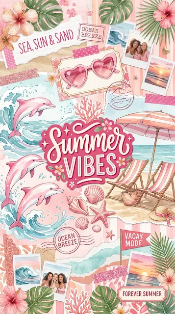 Pink Summer Vibes Aesthetic Collage with Dolphin and Shells - Free 4K & 8K mobile Wallpaper