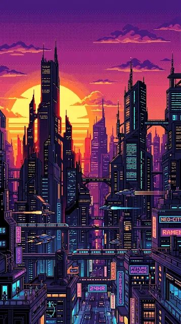 Pixel Art Cityscape with Skyscrapers and Large Sunset Sun - Free 4K & 8K mobile Wallpaper