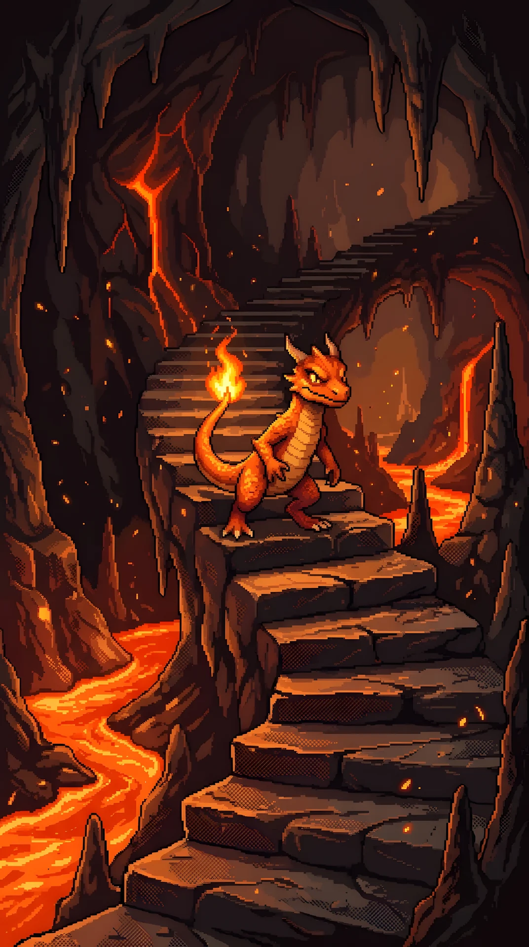 Pixel Art Illustration of a Fire Lizard Character in a Lava Cave - Free 4K mobile Wallpaper