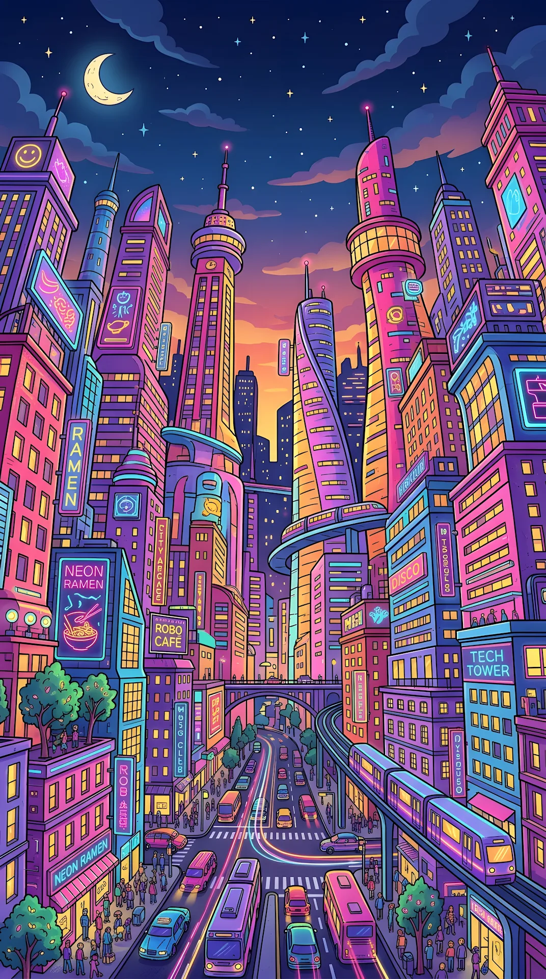 Playful Cartoonish Cityscape at Dusk - Free 4K mobile Wallpaper