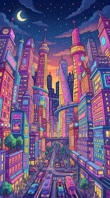 Playful Cartoonish Cityscape at Dusk - Free mobile Wallpaper