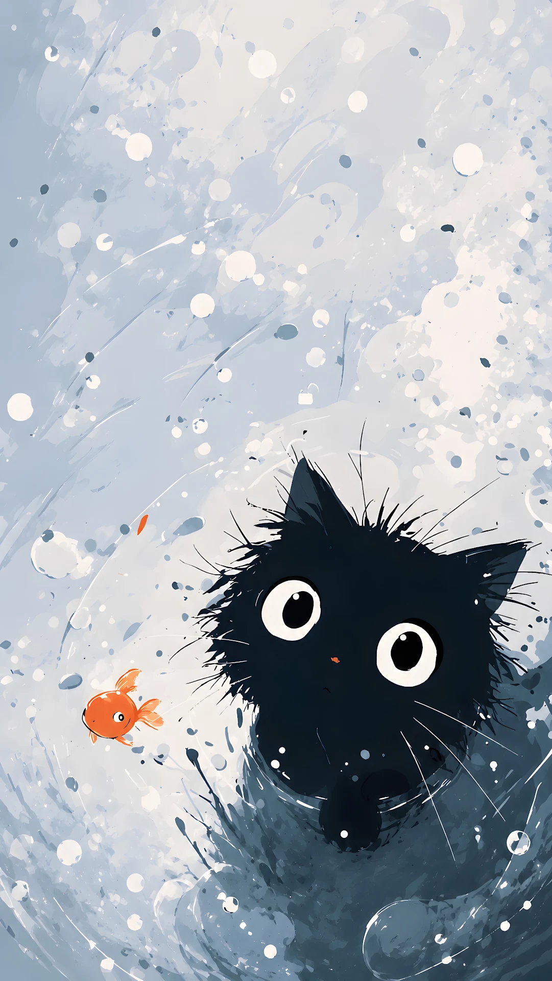 Playful fluffy black cat looking at a tiny goldfish underwater - Free 4K mobile Wallpaper