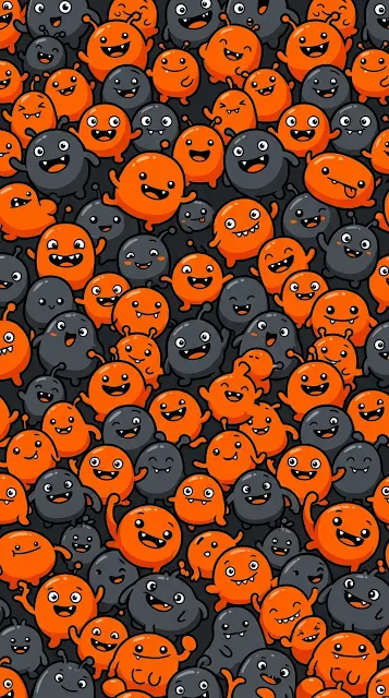 Playful Pattern of Orange and Charcoal Doodle Monsters - Free 4K & 8K mobile Wallpaper