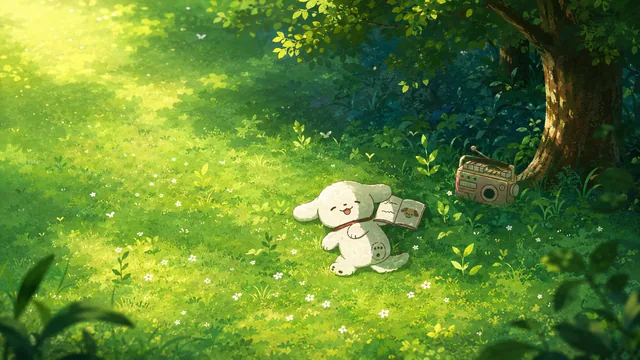 White cartoon dog rolling on sunny green grass next to an open book, retro radio, and tree.